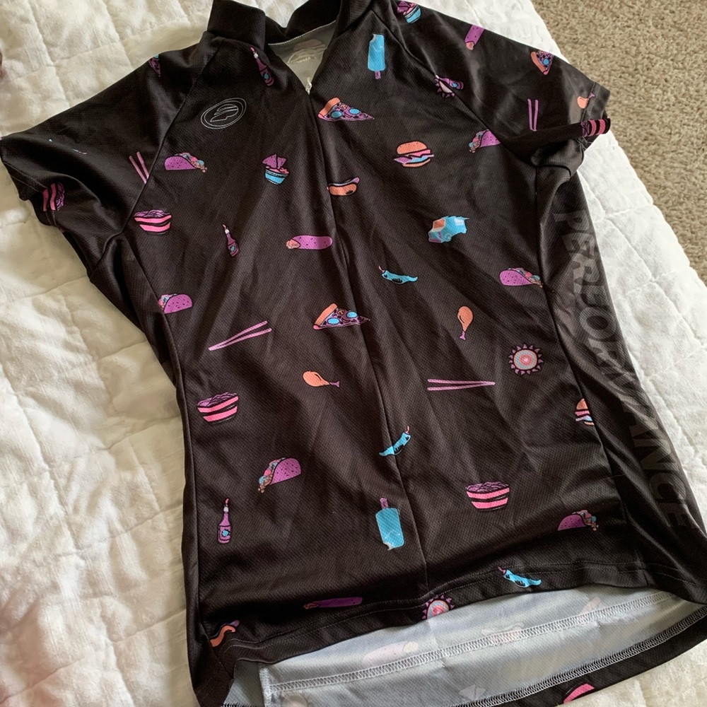 Women's Black Cycling Jersey with Pink & Blue Food Motif